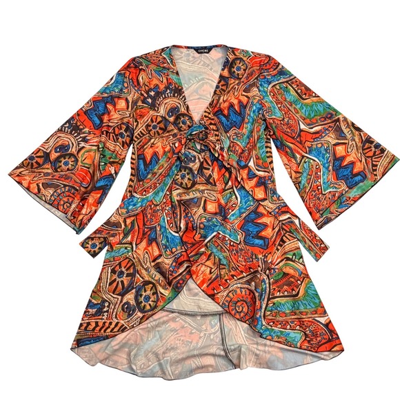 CHICME Boho Abstract Print‎ Kimono Style Wrap Dress Bell Sleeve - Picture 3 of 13